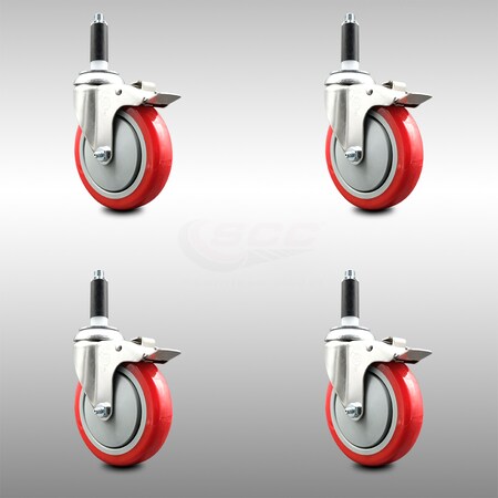 Service Caster 5 Inch 316SS Red Poly Swivel 3/4 Inch Expanding Stem Caster Set Lock Brake SCC-SS316TTLEX20S514-PPUB-RED-34-4